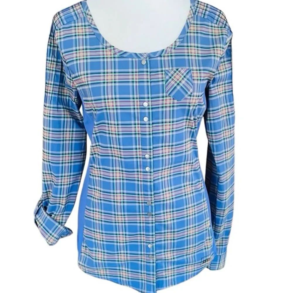 REI Blue Plaid snap front tab sleeve Shirt size XXS